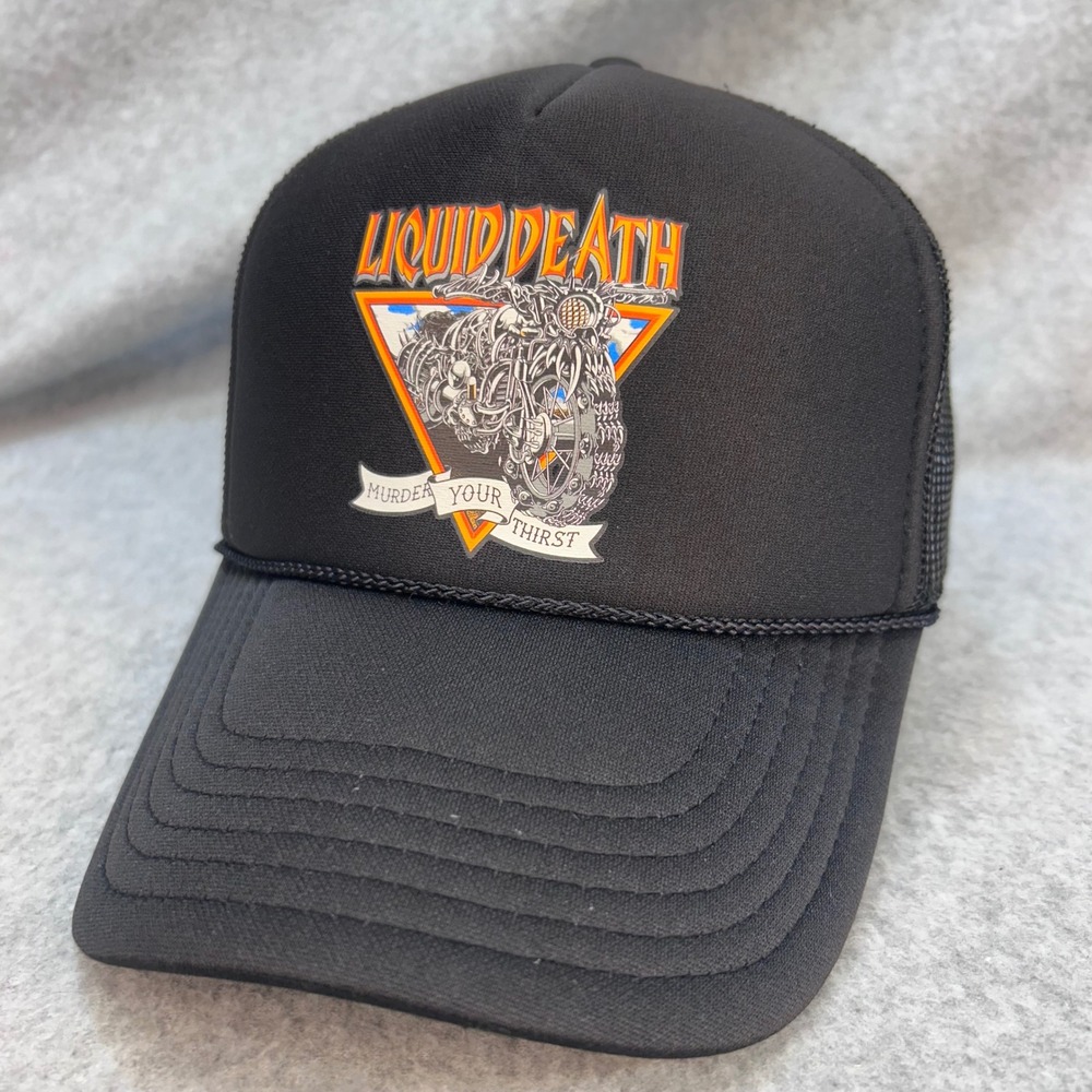Liquid Death Murder Your Thirst Unisex Black Trucker Hat Motorcycle Graphic OSFM